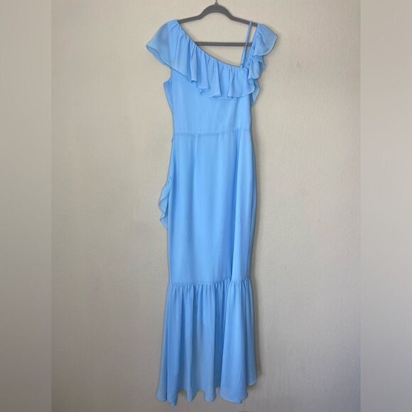 NWT Lovers + Friends Karen Maxi Blue Dress Sheer Asymmetrical Size S - Picture 7 of 9